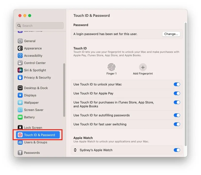 Configurações do Touchid do Mac