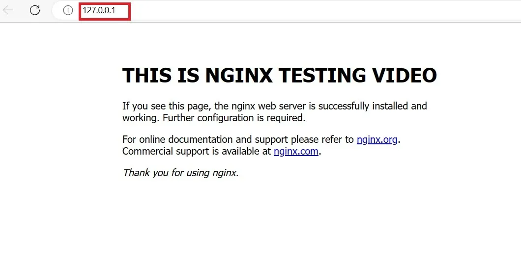 Strona 127.0.0.1 widoczna w przeglądarce z Nginx.