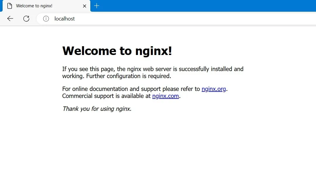 입력 후 Nginx 기본 스크립트를 표시하는 Windows의 Edge 브라우저