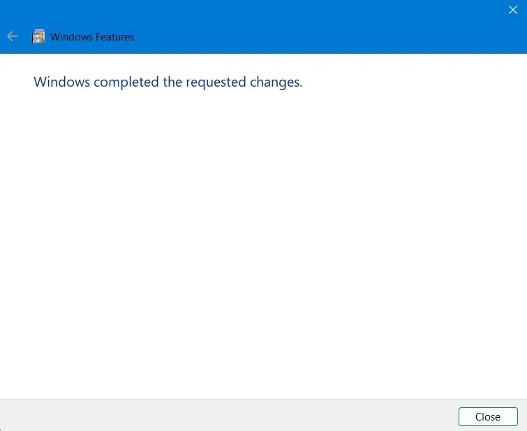 System Windows dokonał żądanych zmian, aby włączyć wymagane funkcje w konsoli usług IIS.