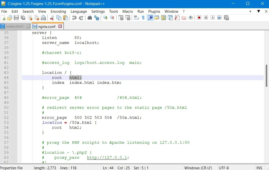 Zmiana ścieżki katalogu głównego pliku konfiguracyjnego za pomocą Notepad ++.