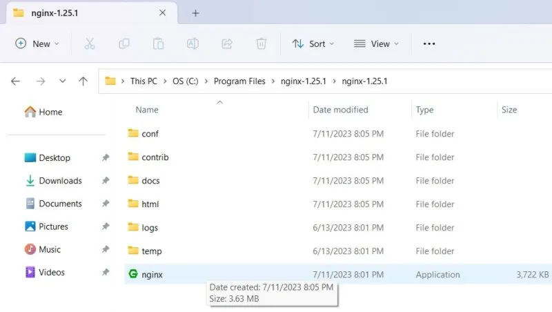 Program Files 폴더 안에 있는 Nginx 애플리케이션을 두 번 클릭합니다.