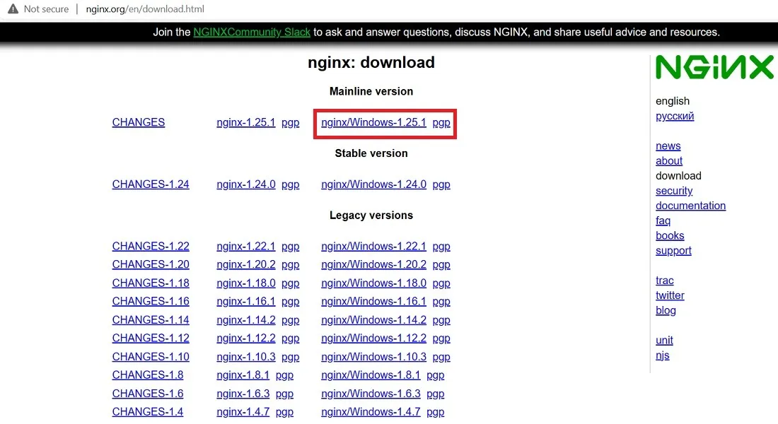 Pobieranie głównej wersji Nginx z oficjalnej strony internetowej.