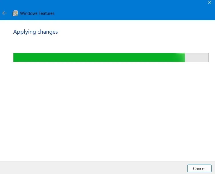 변경 사항을 적용하여 창에서 Windows 기능을 켭니다.