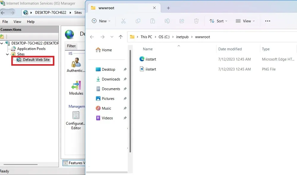 Folder główny komputera zidentyfikowany za pomocą Menedżera usług IIS.