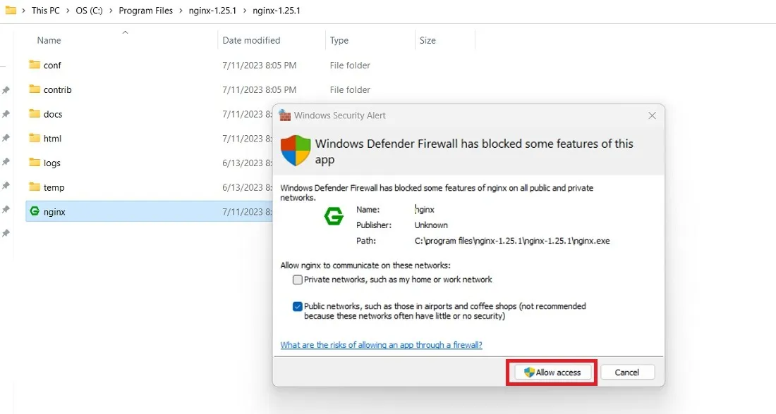 Windows Defender 방화벽이 Nginx 응용 프로그램을 차단했습니다.  액세스 허용을 클릭하여 실행합니다.