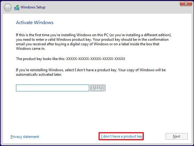 Salta la chiave di licenza durante l'installazione di Windows 10