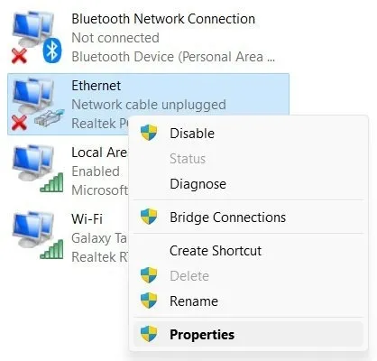 Fare clic con il tasto destro sulla connessione Ethernet.