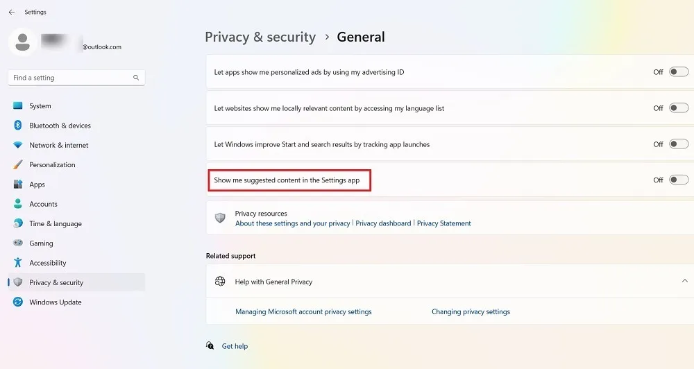 在 Windows 11 設置中的隱私和安全中關閉內容建議。