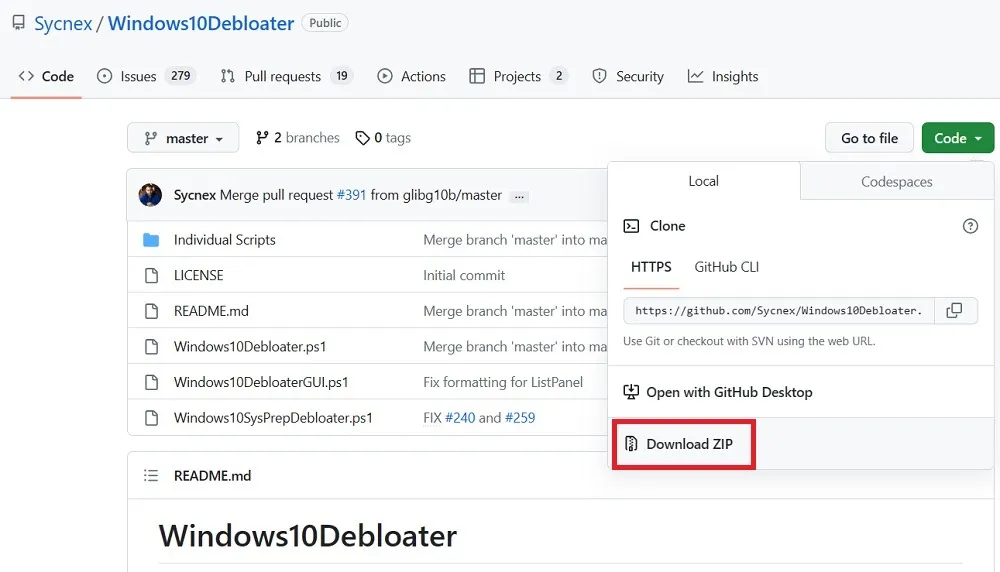 Laden Sie die ZIP-Datei von der offiziellen GitHub-Website von Windows10Debloater herunter.