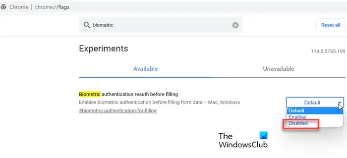 Windows Hello-optie verwijderen uit Chrome-instellingen.