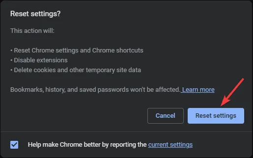 Zurücksetzen 2 Facebook funktioniert nicht unter Chrome