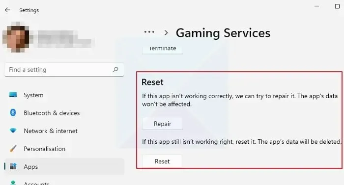 Restablecer la aplicación de servicios de juegos de Windows