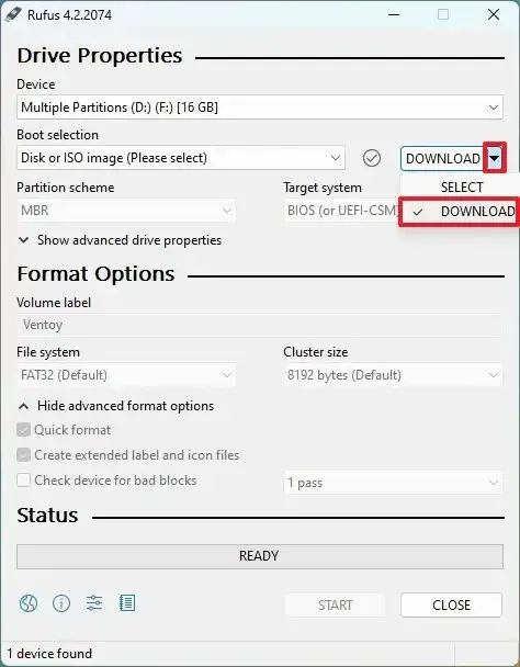 Opzione di download ISO di Rufus per Windows 11