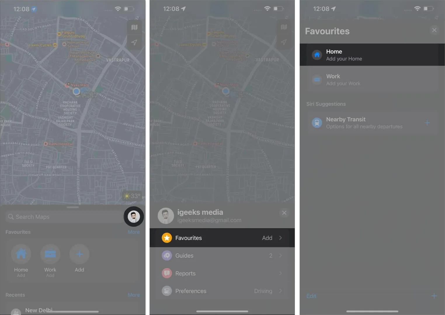 Tippen Sie in Apple Maps auf Profil, Favoriten, Zuhause