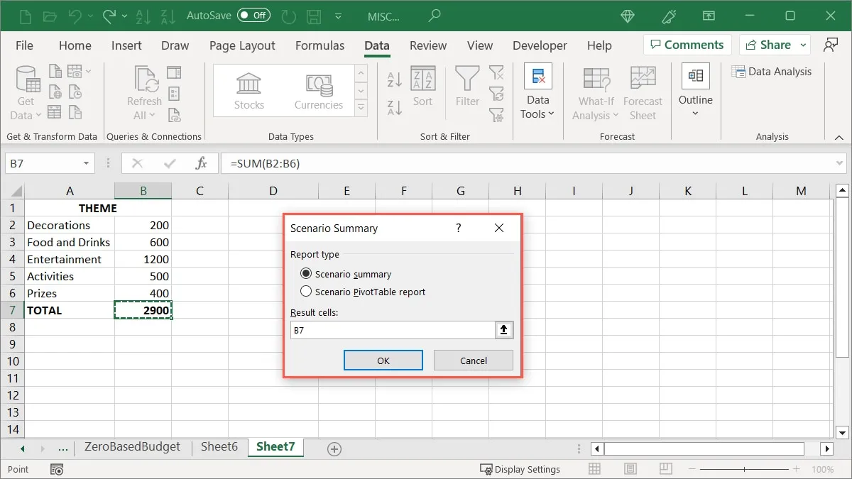 Configuration du résumé du scénario dans Excel