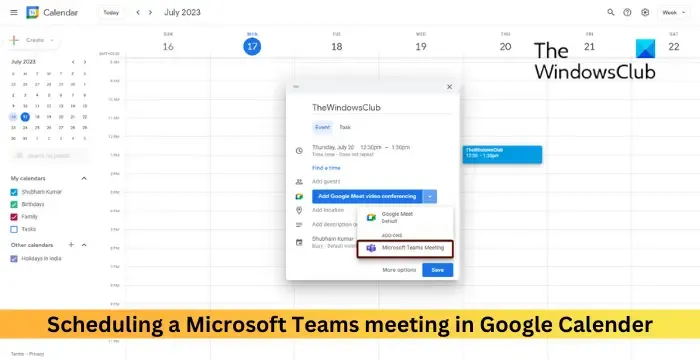 Pianificazione di una riunione di Microsoft Teams in Google Calendar