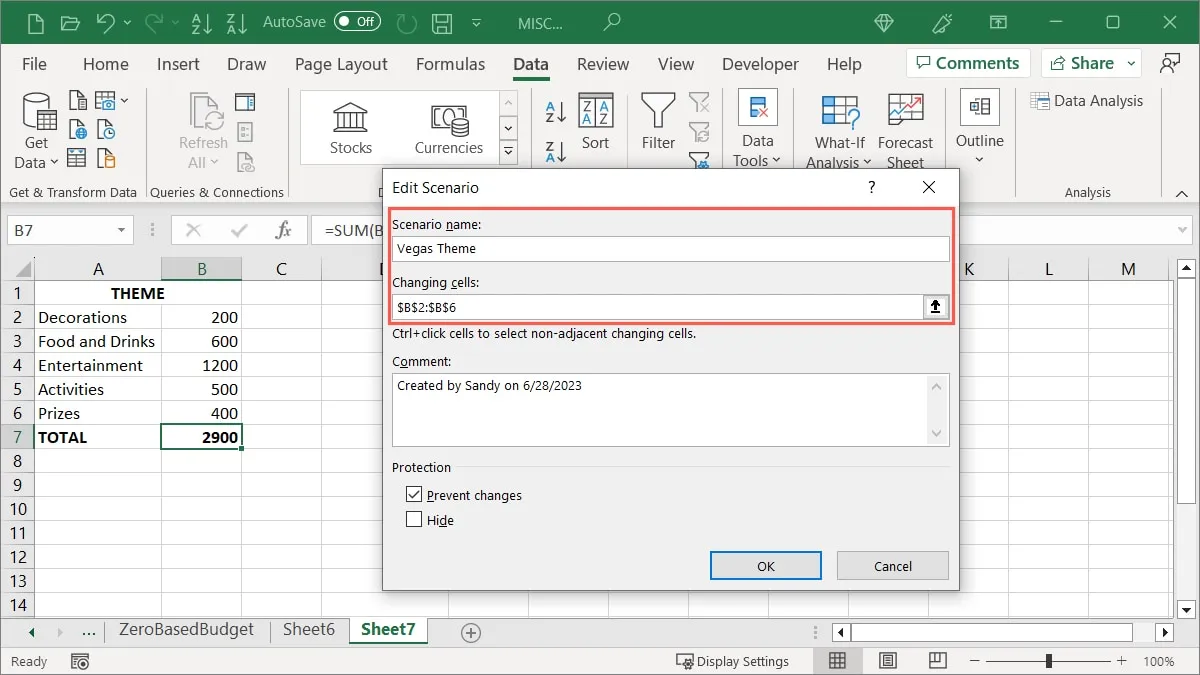 Configuration du deuxième scénario dans Excel