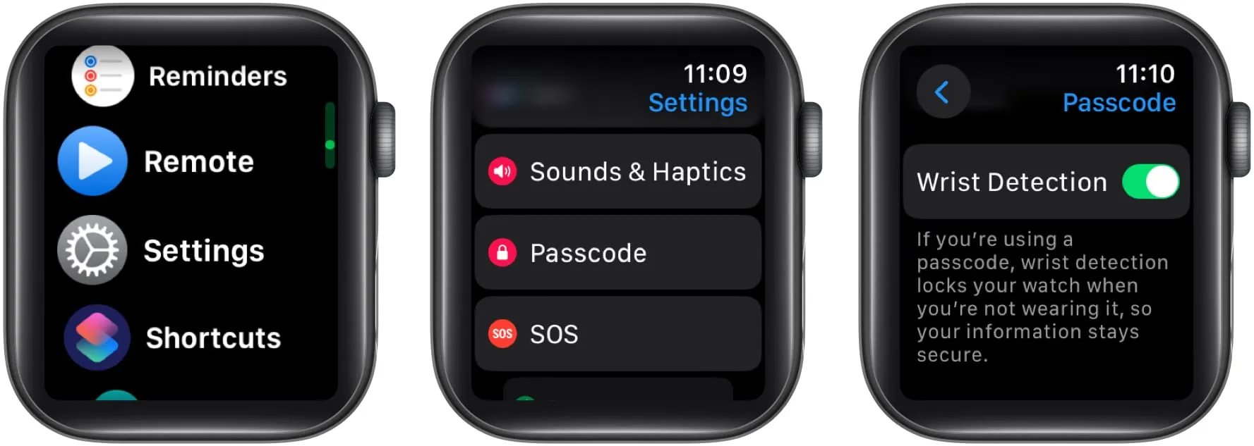 在 Apple Watch 中選擇設置、密碼、手腕檢測