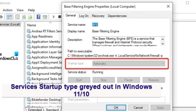 „Start“, „Stopp“ oder „Starttyp“ der Dienste sind in Windows 11/10 ausgegraut