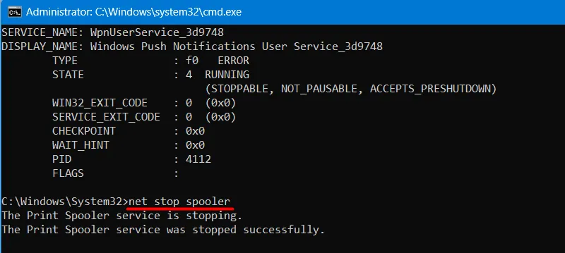 Detener el servicio Spooler en CMD - Iniciar y detener servicios en Windows 11