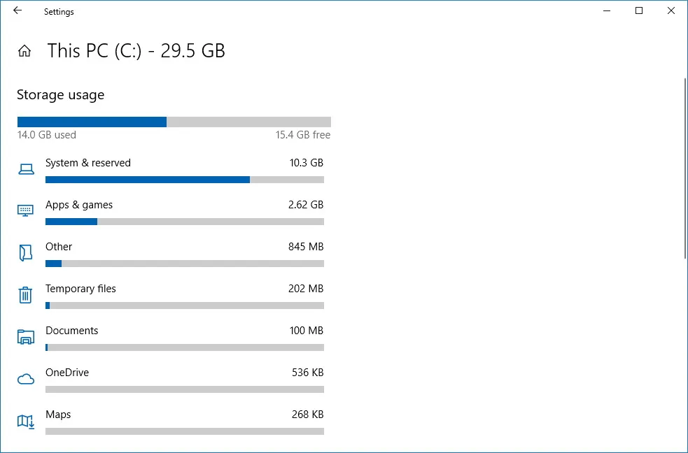 Windows 10 のストレージ使用量設定