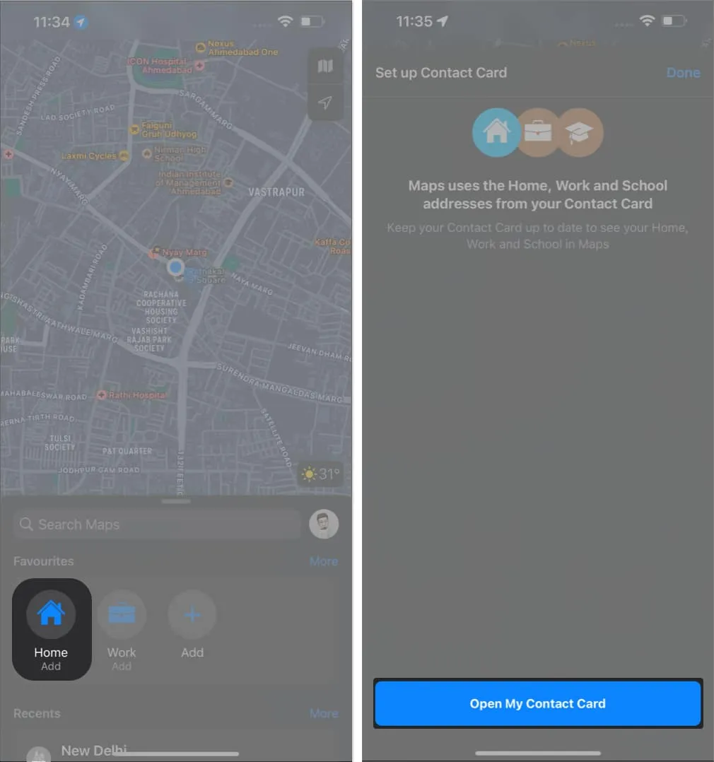 Tippen Sie auf „Startseite“ und öffnen Sie „Meine Kontaktkarte“ in Apple Maps