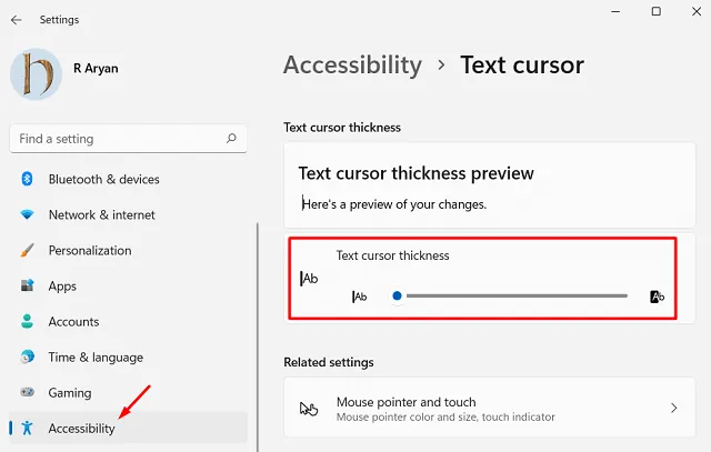 spessore del cursore del testo in Windows 11