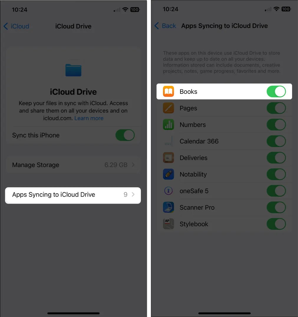 Schakel boeken in apps synchroniseren met iCloud Drive in