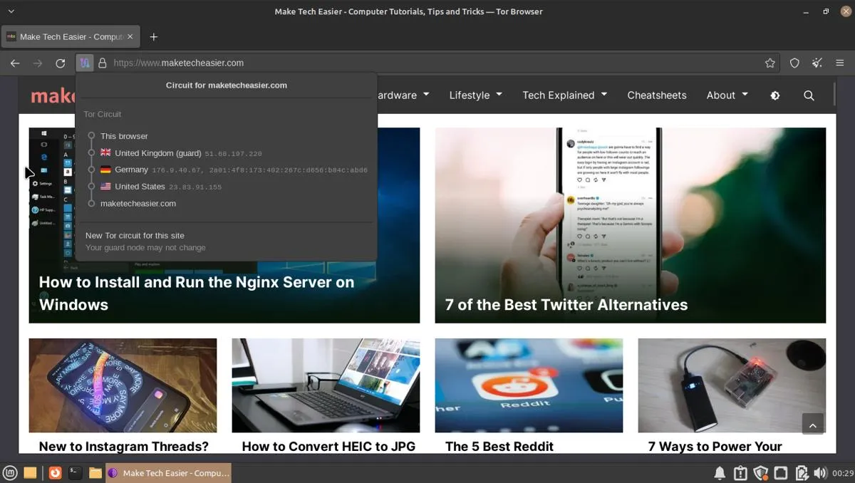 Captura de pantalla de los navegadores web Tor Ip Circuit Linux
