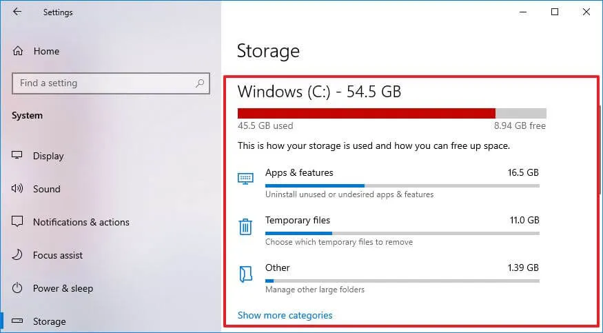 Configurações de armazenamento no Windows 10 versão 1903 e posterior