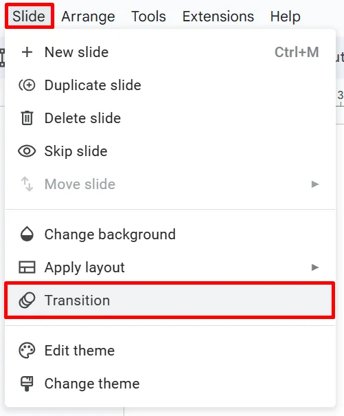 Transição no menu de slides