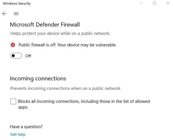 Desative o firewall do Microsoft Defender