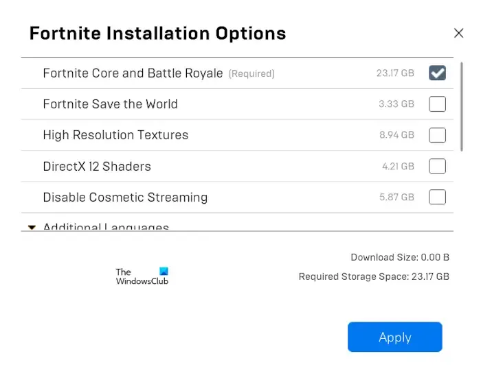 Dostosuj ustawienia instalacji Fortnite