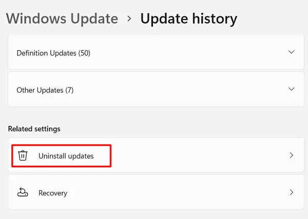 Disinstalla gli aggiornamenti su Windows 11