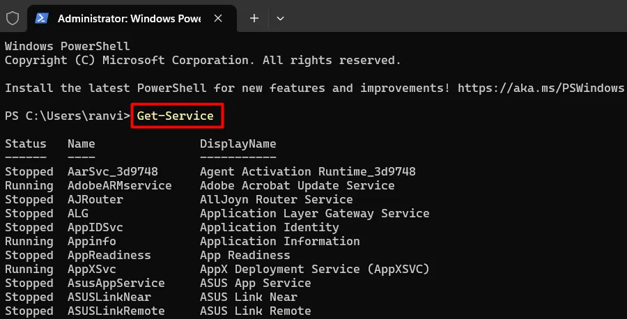 Ver todos los servicios en Windows usando PowerShell - Iniciar y detener servicios en Windows 11