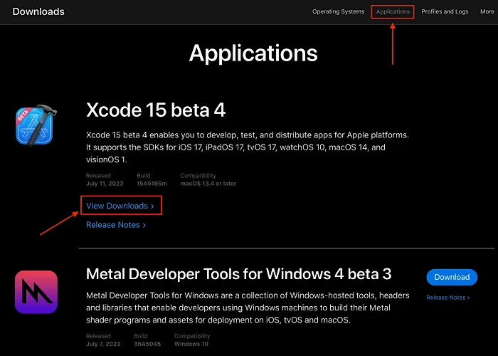 Exibir porta do desenvolvedor do Xcode para download