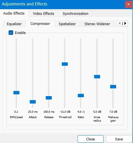 Regolazioni del compressore nei suoni di VLC Video Player.