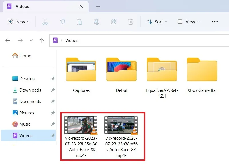 Registrazioni video ritagliate VLC salvate nella cartella Video del PC Windows.