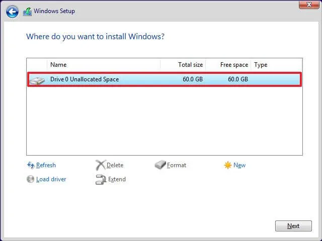 Selecione SSD para instalar o Windows 10