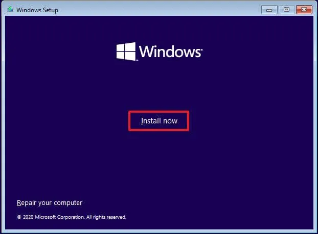 Opção de instalação do Windows 10