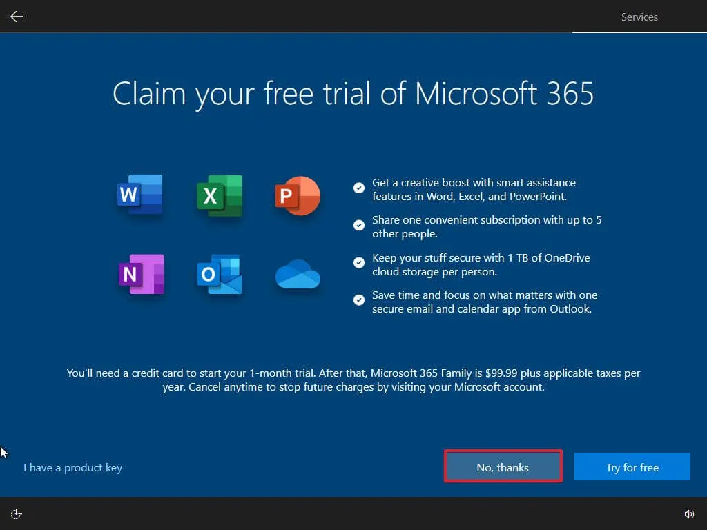 OOBE omitir la oferta de Microsoft 365