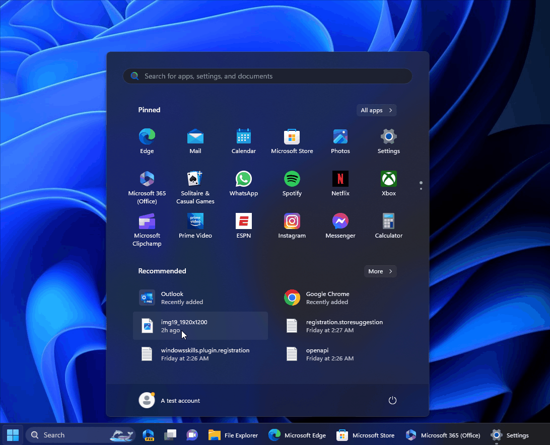 Windows 11 23H2 スタート メニューのサムネイル プレビュー