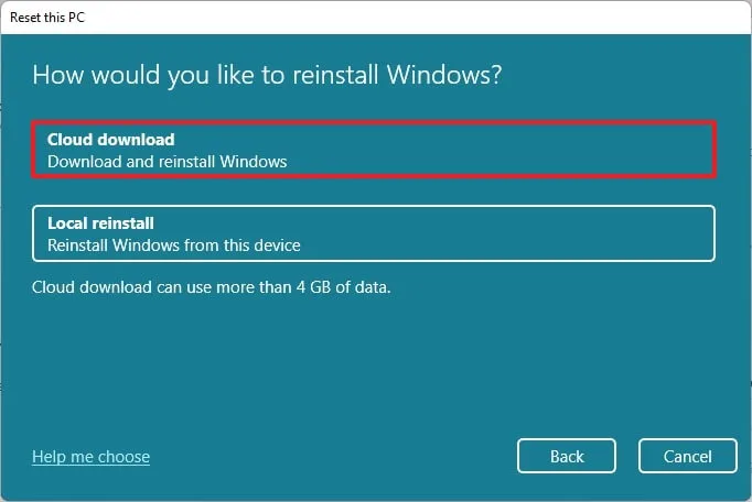 Reinicialização do Windows 11 com download na nuvem