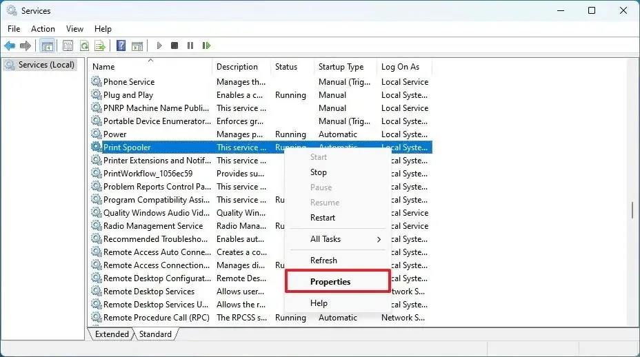 Windows 11 apre le proprietà del servizio