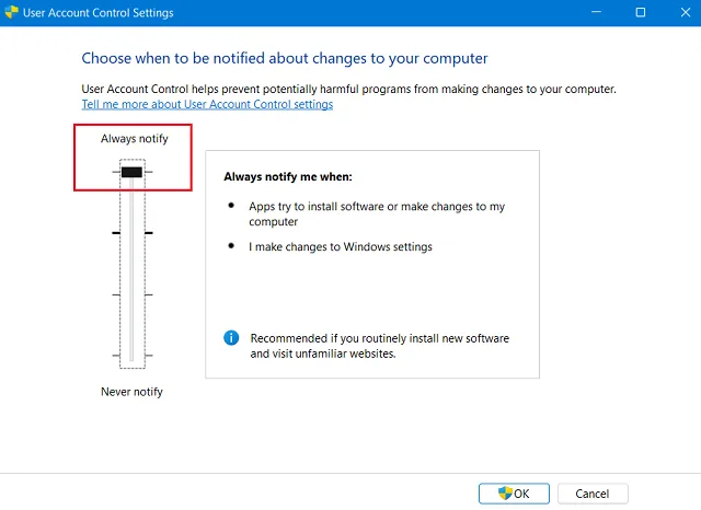 Windows 11 アップデートがエラー コード 0x8007007f で失敗する - UAC の編集