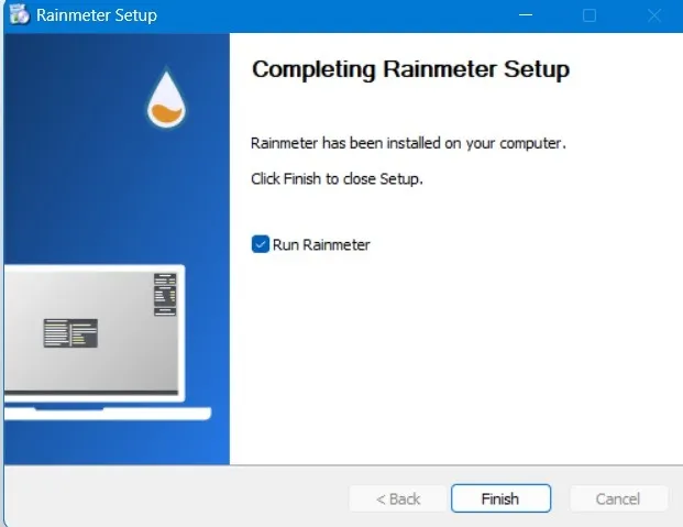 Concluindo a configuração e instalação do Rainmeter no Windows.
