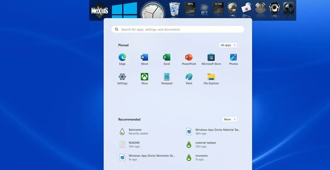 Dock de l'application Winstep Nexus ouvrant le menu Démarrer de Windows 11.