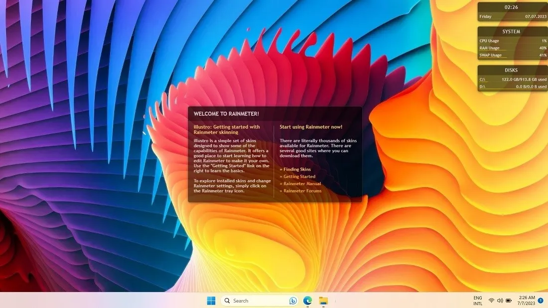 Das Standard-App-Dock von Rainmeter auf einem Windows 11-Desktop.