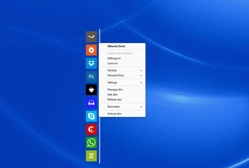 Dock dell'app Silmeria sul desktop di Windows.